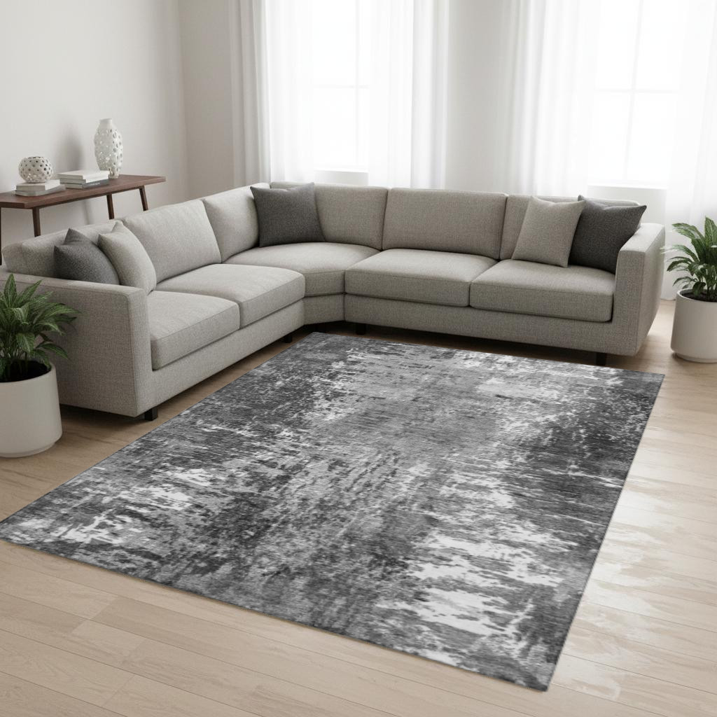 657520 9 x 12 ft. Gray & Ivory Abstract Transitional Washable Machine Made Rectangle Area Rug with UV Protection