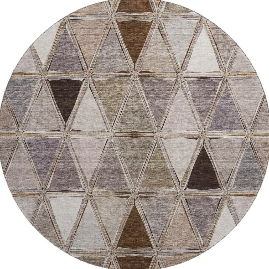 657614 8 ft. Brown, Gray & Ivory Geometric Washable Round Area Rug with UV Protection