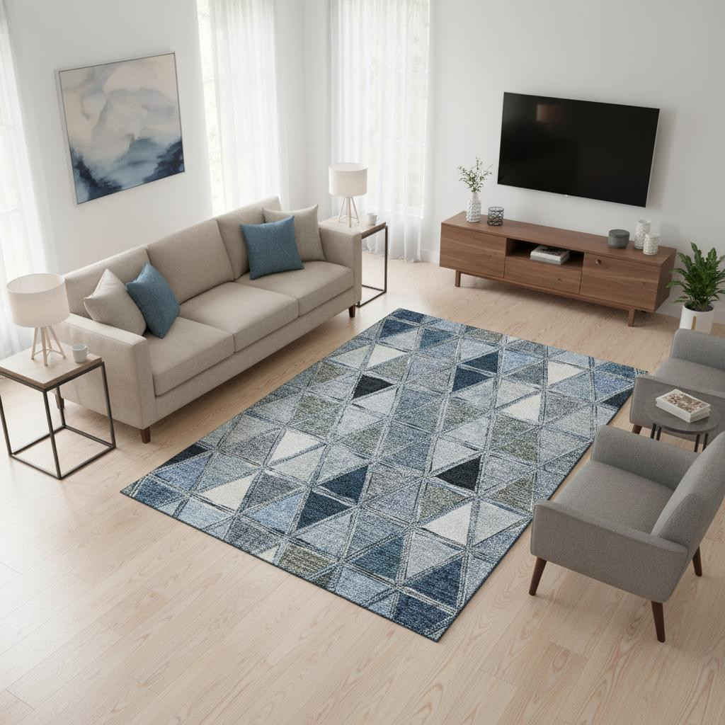 657619 5 x 8 ft. Blue, Gray & Ivory Geometric Transitional Washable Machine Made Rectangle Area Rug with UV Protection