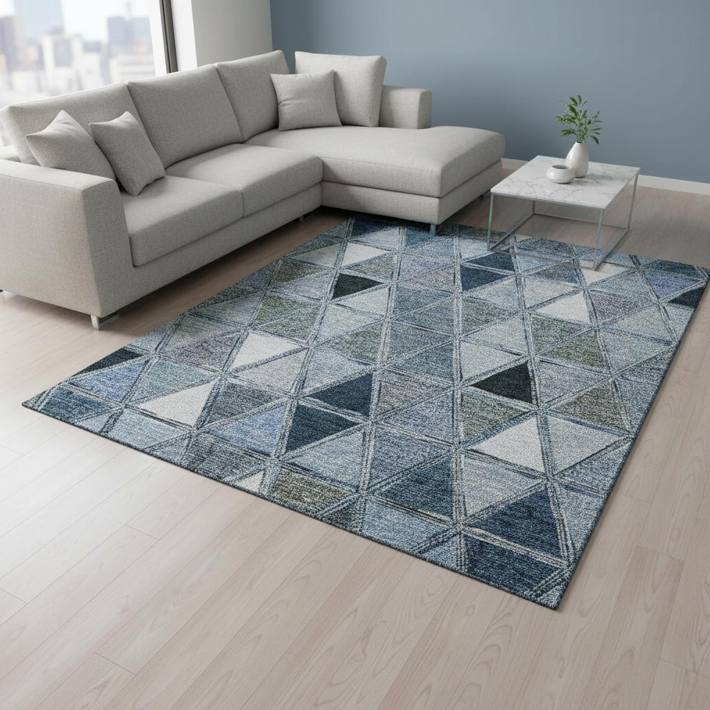 657623 10 x 14 ft. Blue, Gray & Ivory Geometric Transitional Washable Machine Made Rectangle Area Rug with UV Protection