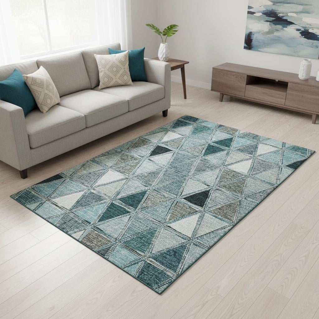 657649 5 x 8 ft. Teal, Gray & Ivory Geometric Transitional Washable Machine Made Rectangle Area Rug with UV Protection