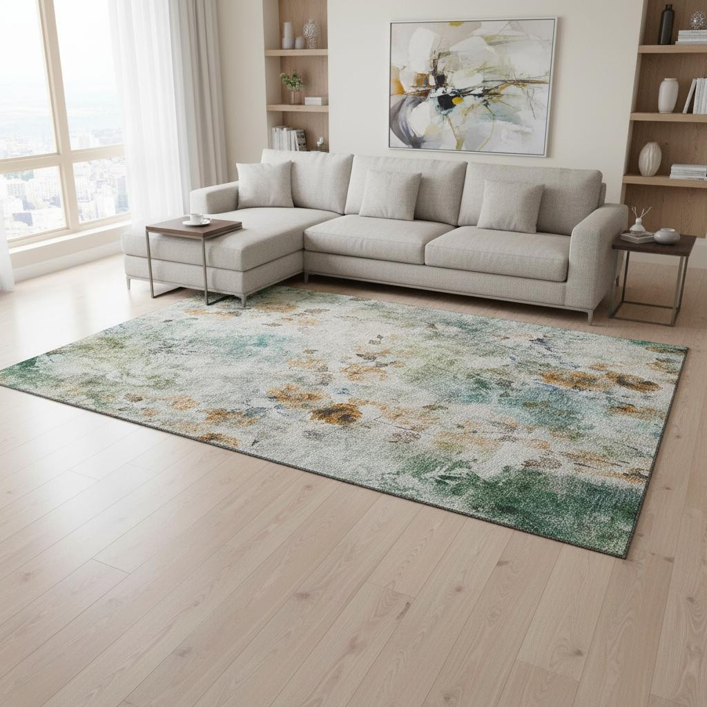 657742 9 x 12 ft. Teal Copper & Ivory Floral Washable Machine Made Rectangle Area Rug with UV Protection