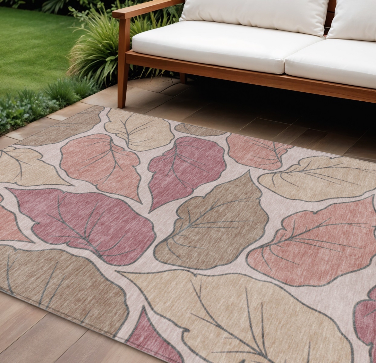 660858 10 x 14 ft. Blush & Ivory Botanical Leaves Washable Transitional Indoor & Outdoor Rectangle Area Rug
