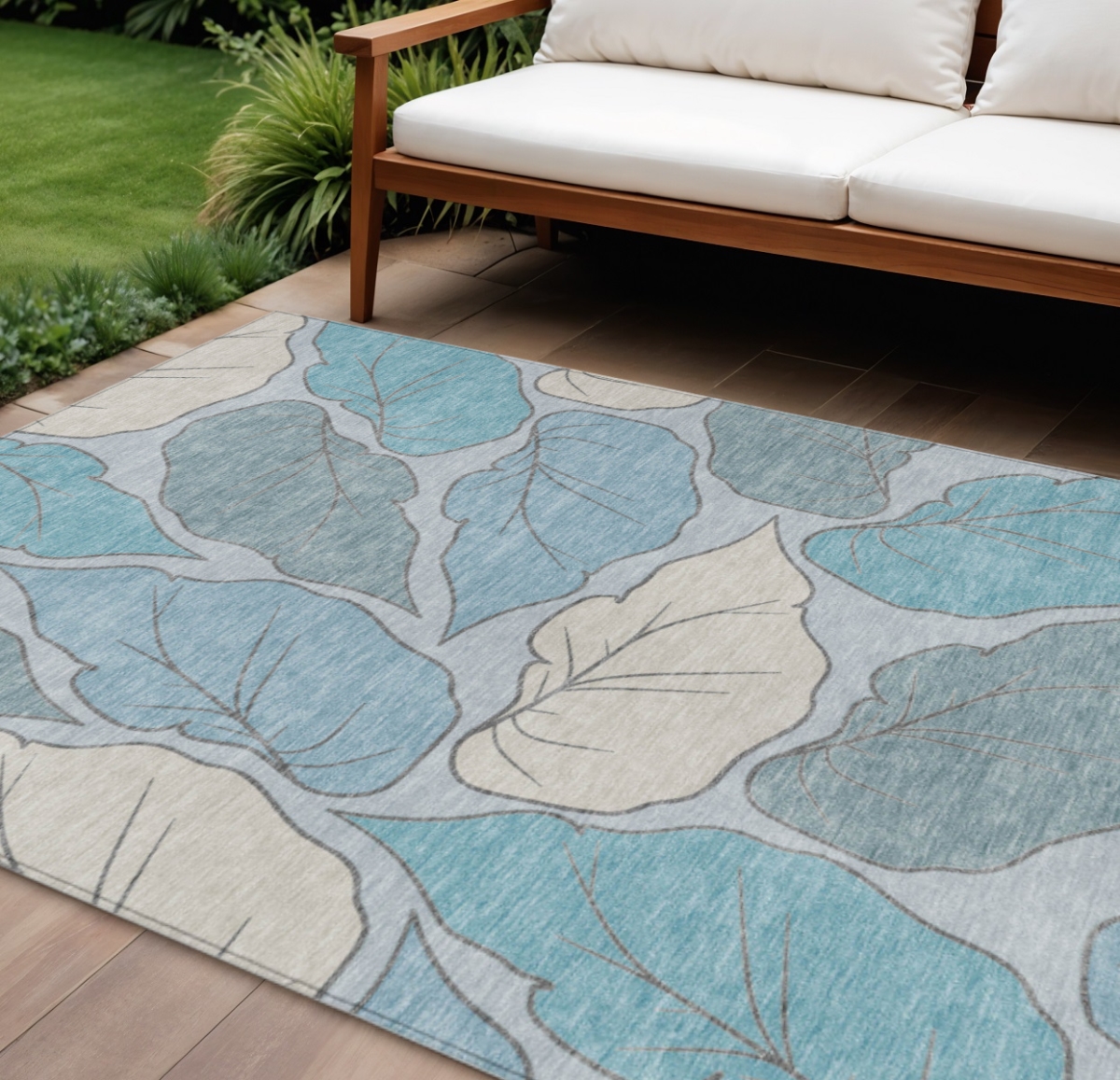 660882 10 x 14 ft. Teal, Blue & Ivory Botanical Leaves Washable Transitional Indoor & Outdoor Rectangle Area Rug