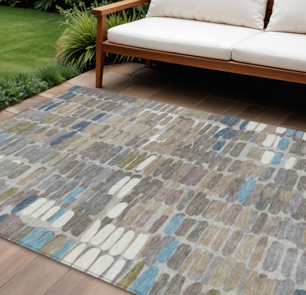660918 10 x 14 ft. Taupe Ivory & Blue Abstract Washable Transitional Indoor & Outdoor Rectangle Area Rug