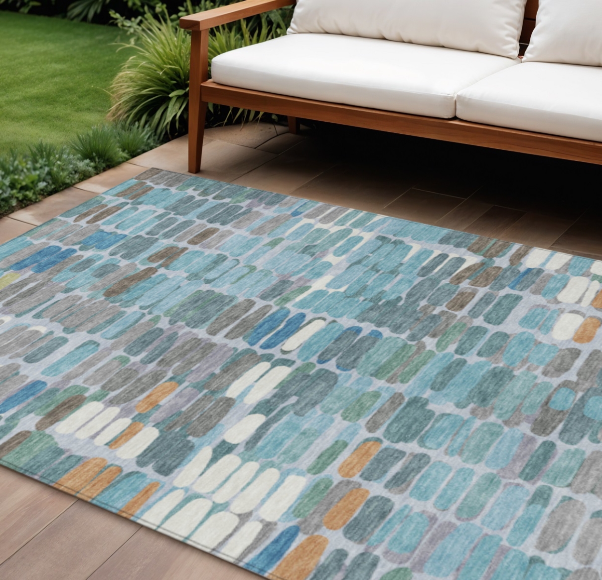 660923 9 x 12 ft. Teal Blue Copper & Ivory Abstract Washable Transitional Indoor & Outdoor Rectangle Area Rug