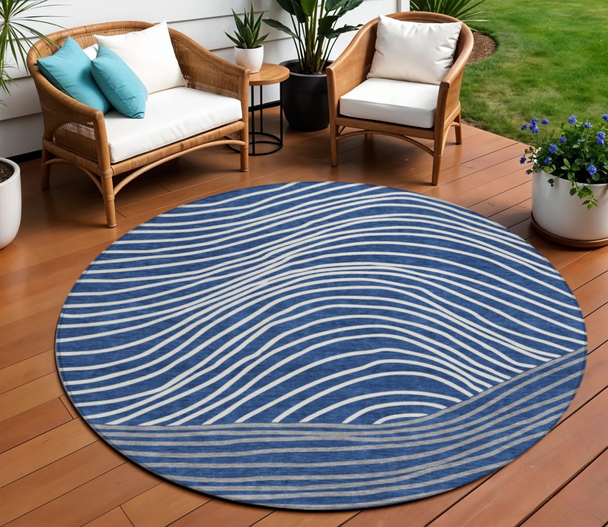 660969 8 ft. Navy Blue & Ivory Striped Washable Transitional Indoor & Outdoor Round Area Rug