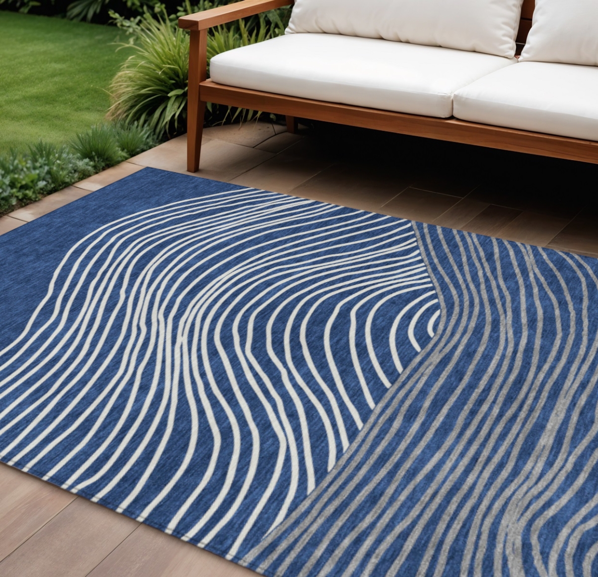 660971 9 x 12 ft. Navy Blue & Ivory Striped Washable Transitional Indoor & Outdoor Rectangle Area Rug