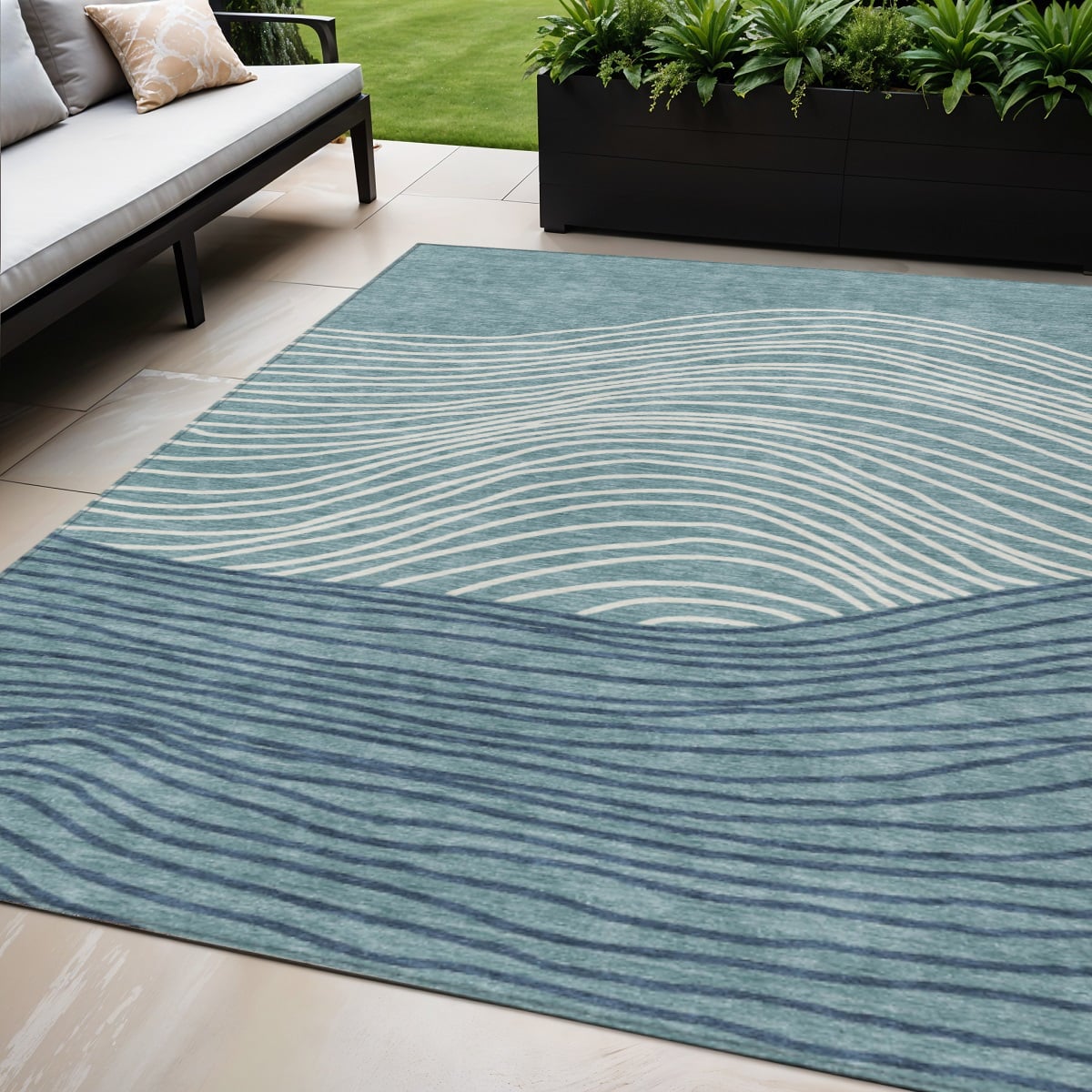 660980 5 x 8 ft. Teal, Blue & Ivory Striped Washable Transitional Indoor & Outdoor Rectangle Area Rug
