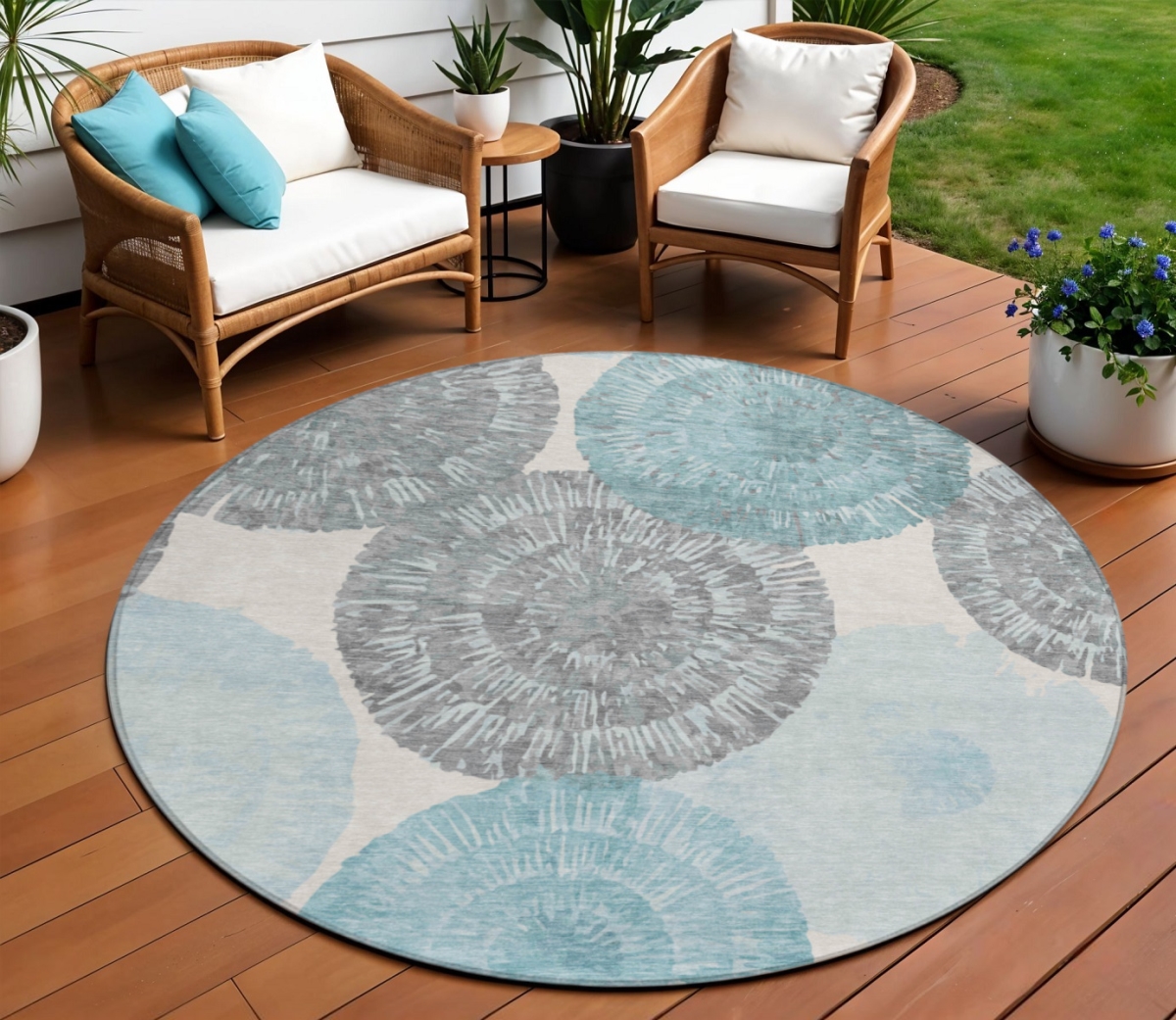 661017 8 ft. Teal Blue, Ivory & Gray Abstract Washable Transitional Indoor & Outdoor Round Area Rug