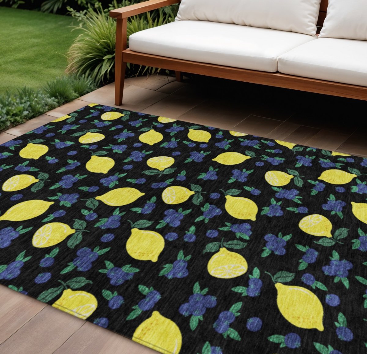 661128 10 x 14 ft. Black Yellow & Blue Lemons Washable Transitional Indoor & Outdoor Rectangle Area Rug