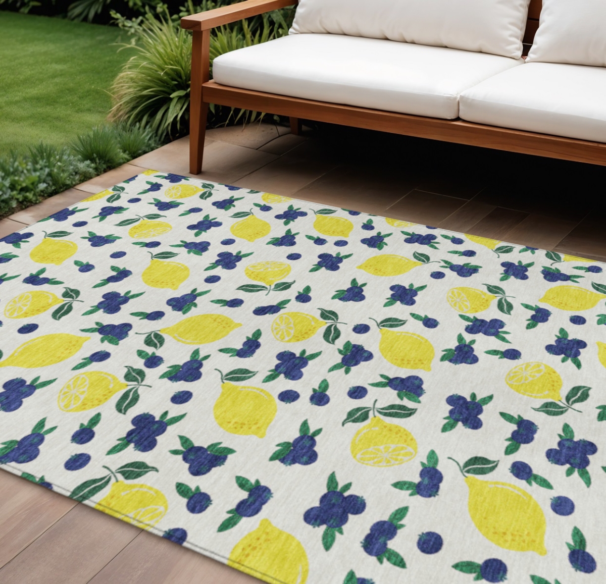 661140 10 x 14 ft. Ivory Yellow & Blue Lemons Washable Transitional Indoor & Outdoor Rectangle Area Rug