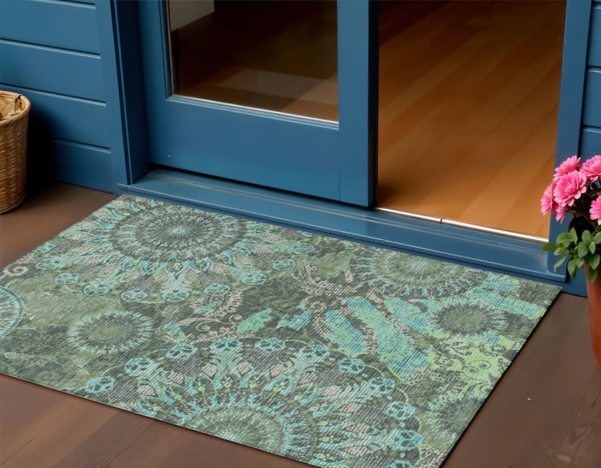 659928 3 x 5 ft. Olive Green Blue & Gray Paisley Washable Transitional Indoor & Outdoor Rectangle Area Rug