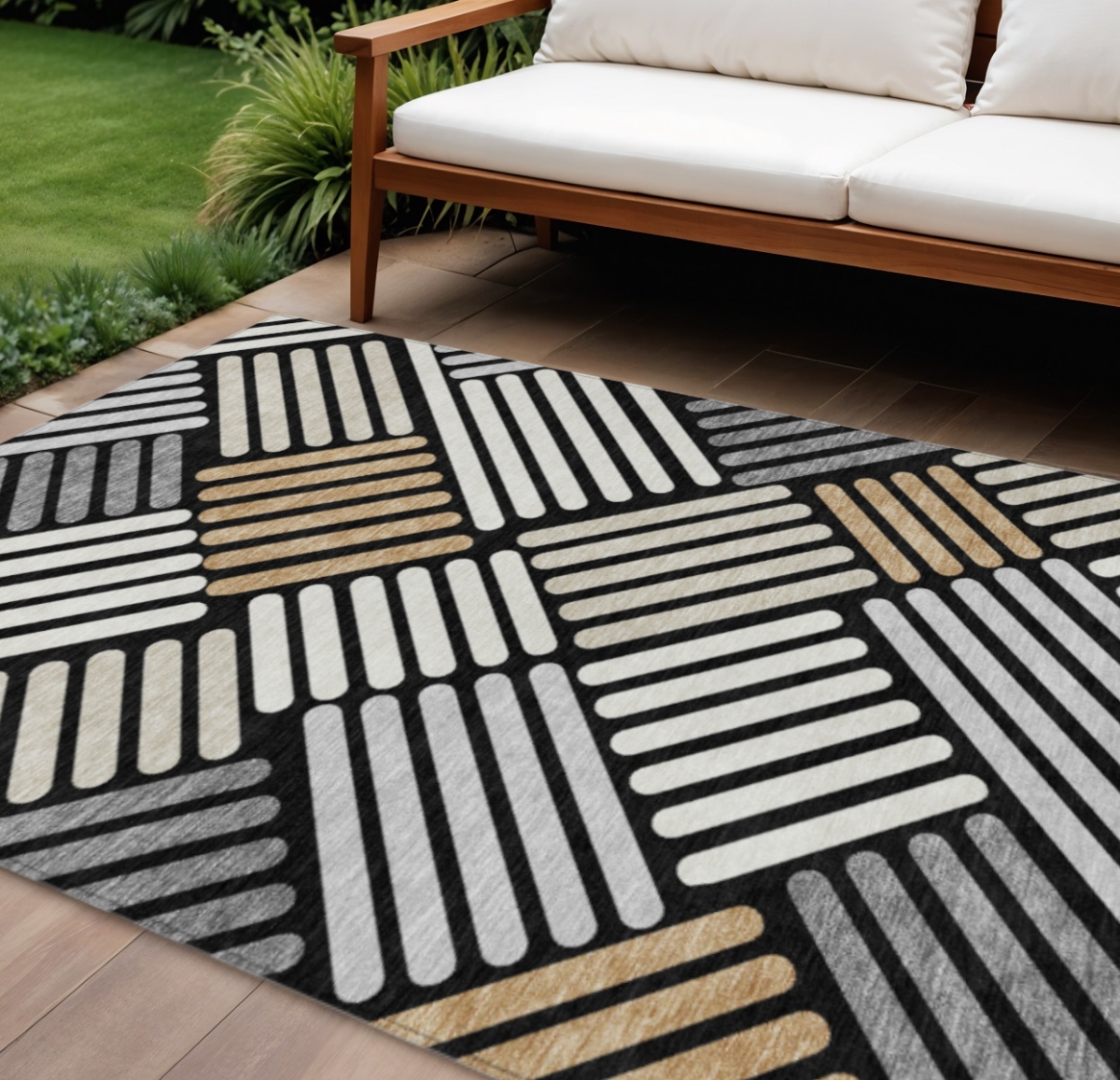 660388 8 x 10 ft. Black Beige & Ivory Geometric Washable Transitional Indoor & Outdoor Rectangle Area Rug