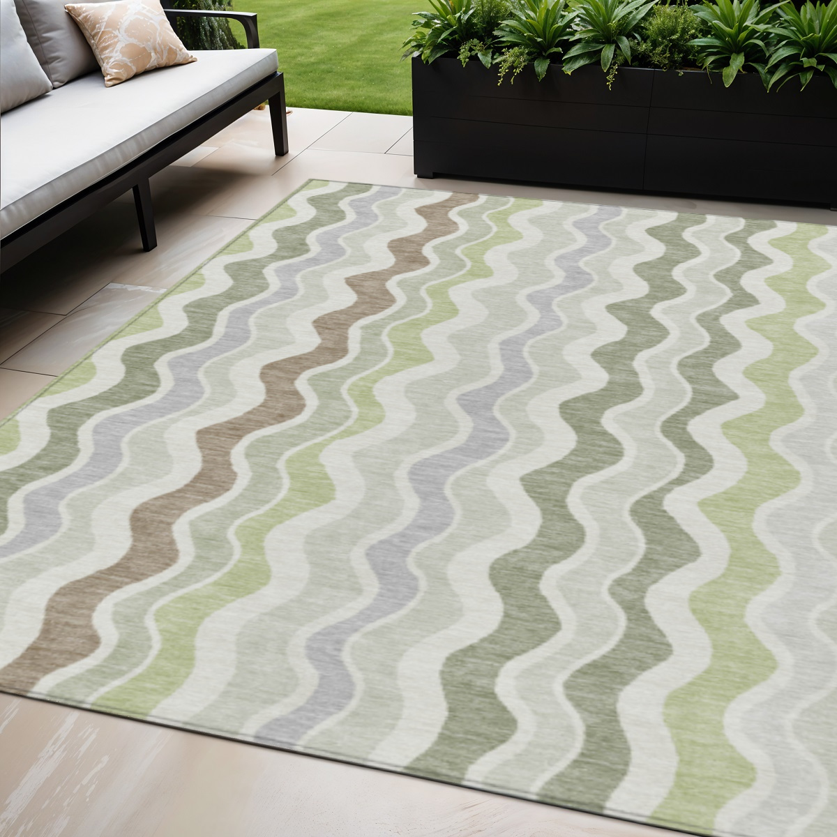 660518 5 x 8 ft. Artichoke Green, Ivory & Brown Striped Washable Transitional Indoor & Outdoor Rectangle Area Rug