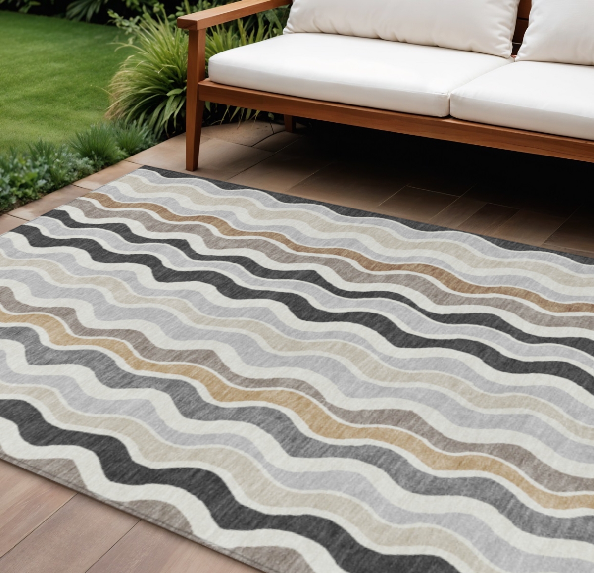 660539 9 x 12 ft. Charcoal Ivory & Gray Striped Washable Transitional Indoor & Outdoor Rectangle Area Rug