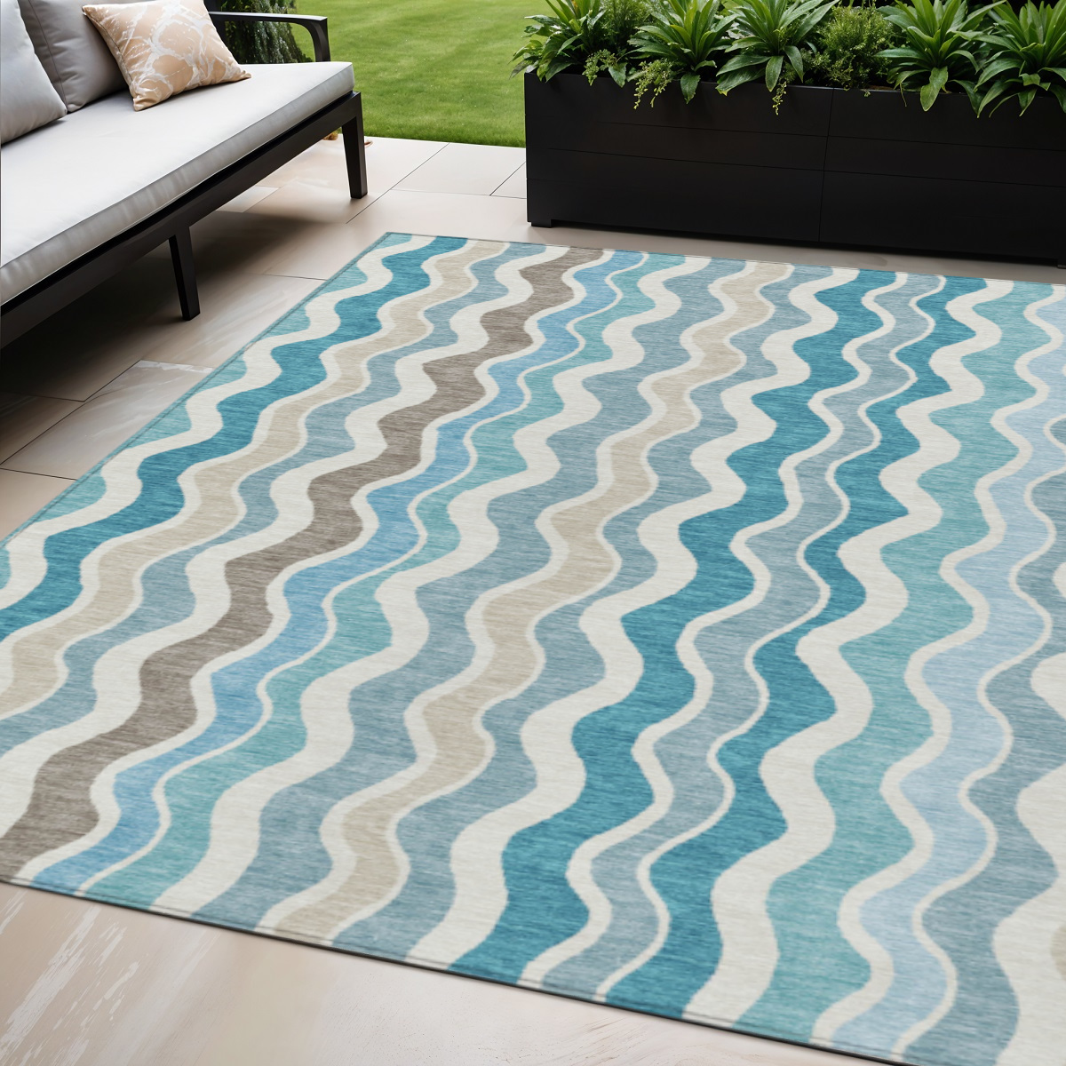 660554 5 x 8 ft. Teal Blue, Ivory & Beige Striped Washable Transitional Indoor & Outdoor Rectangle Area Rug