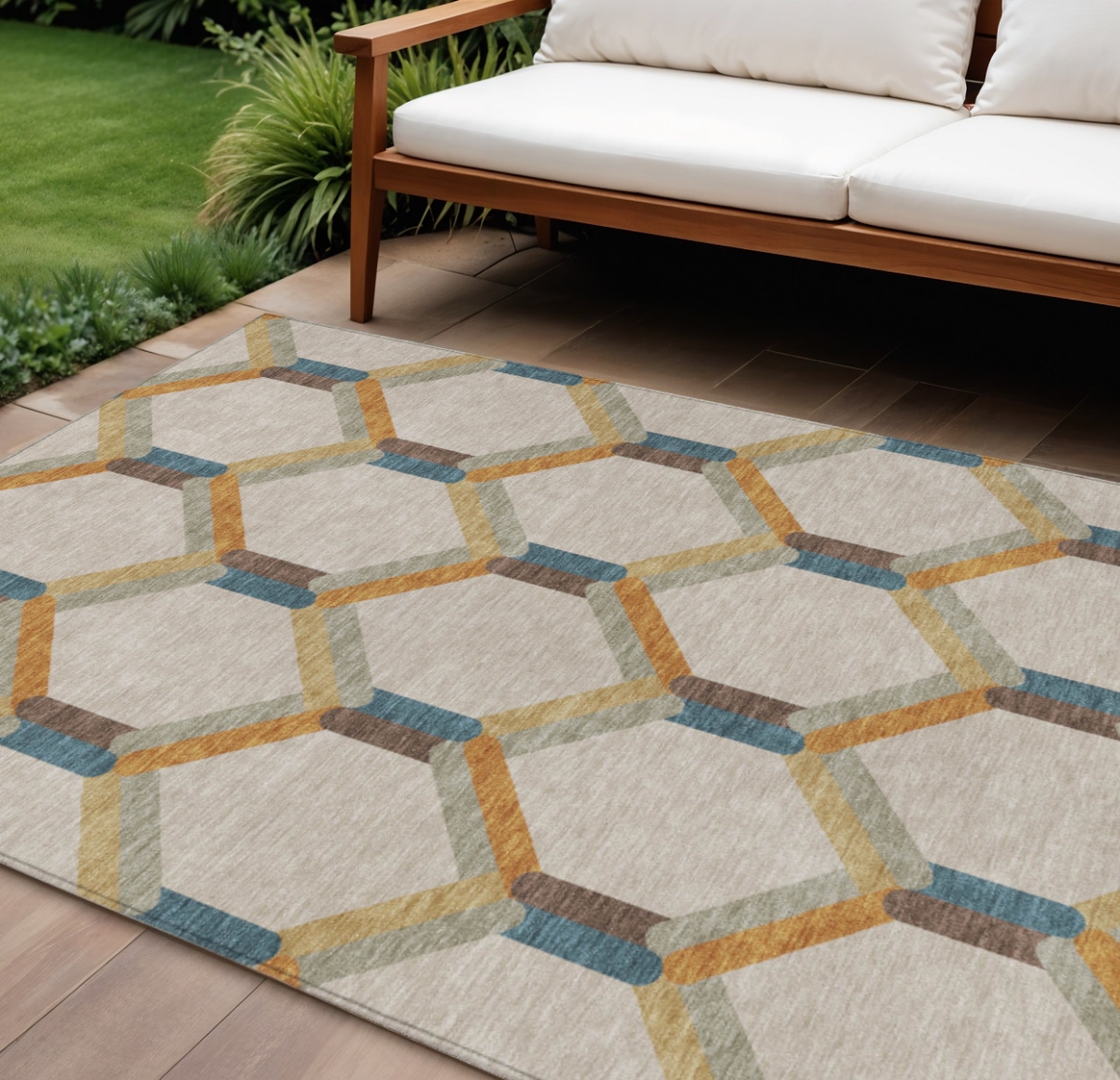 660562 8 x 10 ft. Beige Wheat & Blue Geometric Washable Transitional Indoor & Outdoor Rectangle Area Rug