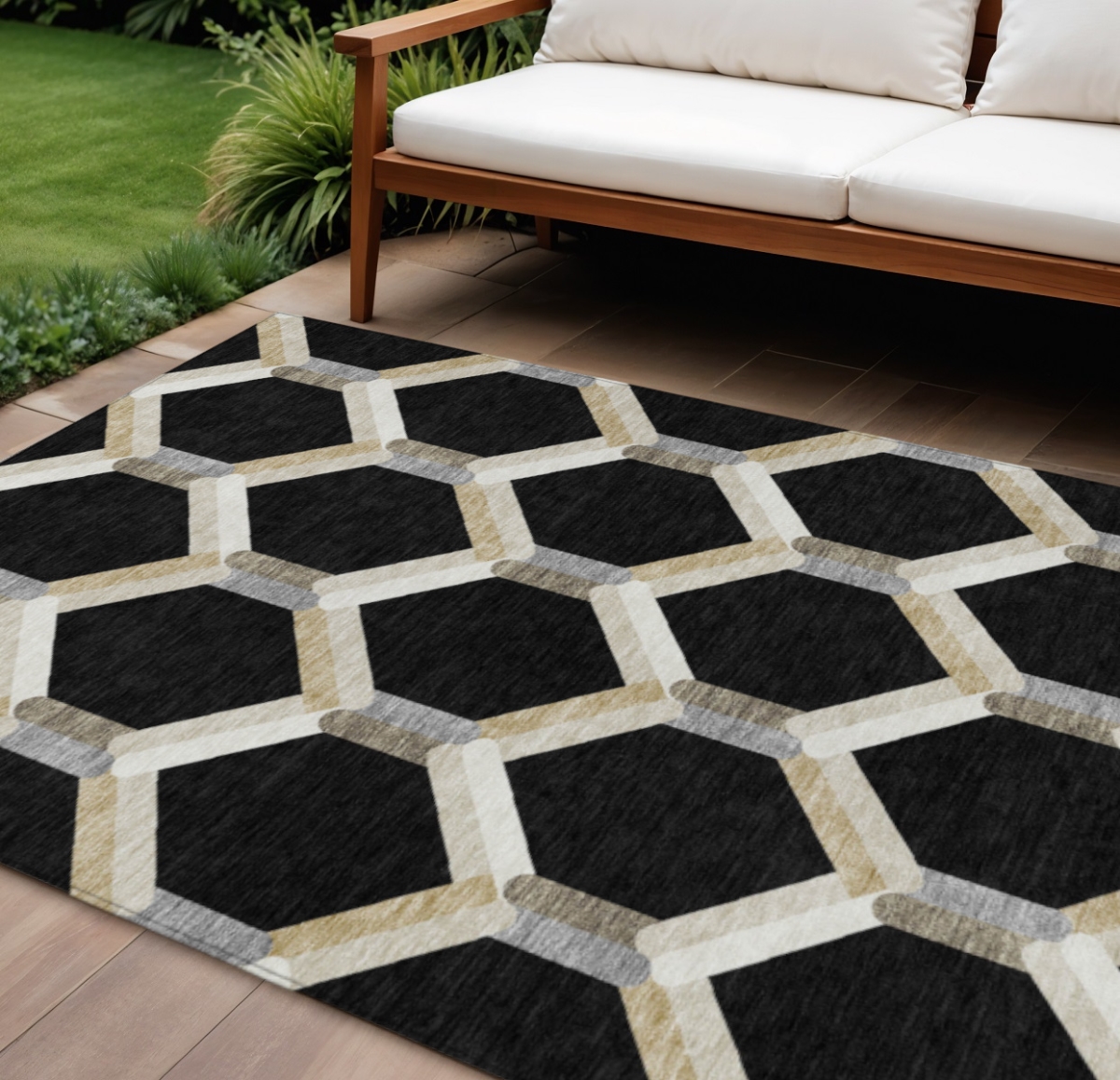 660568 8 x 10 ft. Black, Ivory & Wheat Geometric Washable Transitional Indoor & Outdoor Rectangle Area Rug