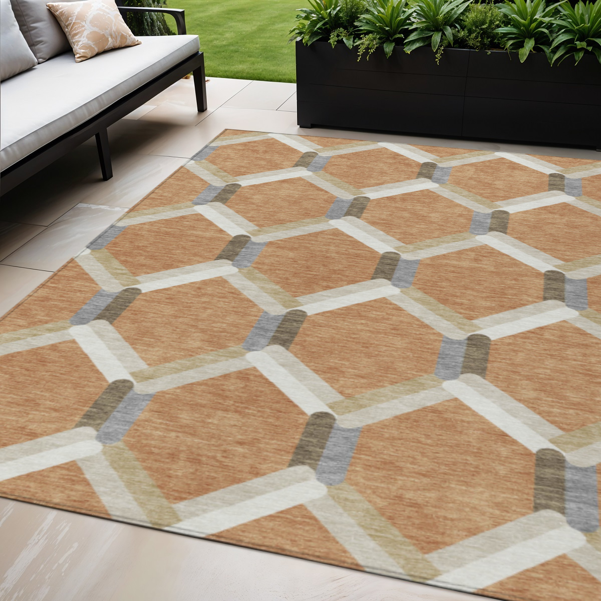 660578 5 x 8 ft. Copper, Ivory & Gray Geometric Washable Transitional Indoor & Outdoor Rectangle Area Rug