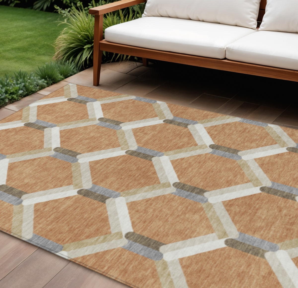 660580 8 x 10 ft. Copper, Ivory & Gray Geometric Washable Transitional Indoor & Outdoor Rectangle Area Rug