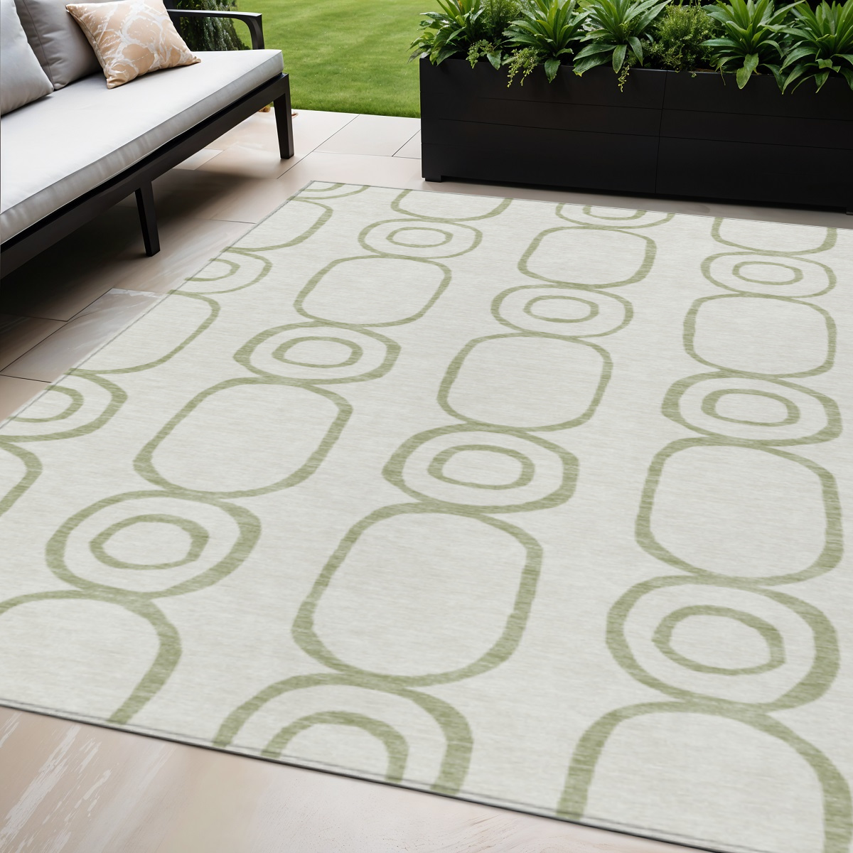 660596 5 x 8 ft. Artichoke Green & Ivory Geometric Washable Transitional Indoor & Outdoor Rectangle Area Rug