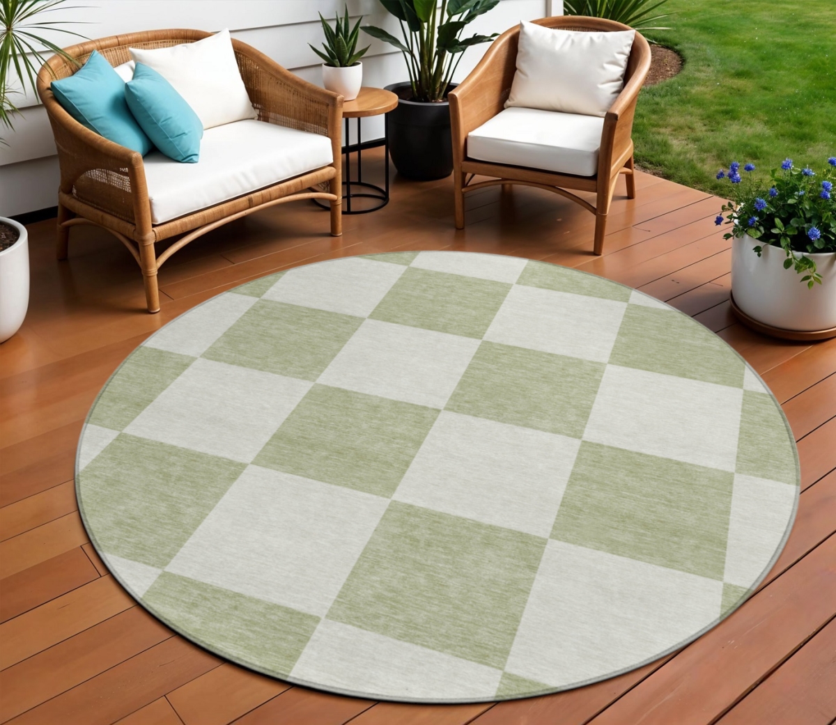 660657 8 ft. Artichoke Green & Ivory Geometric Washable Transitional Indoor & Outdoor Round Area Rug