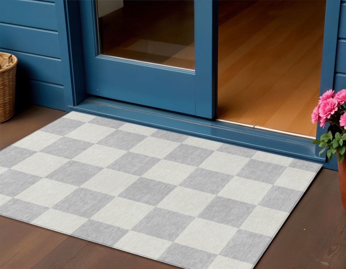 660745 3 x 5 ft. Silver & Ivory Geometric Washable Transitional Indoor & Outdoor Rectangle Area Rug