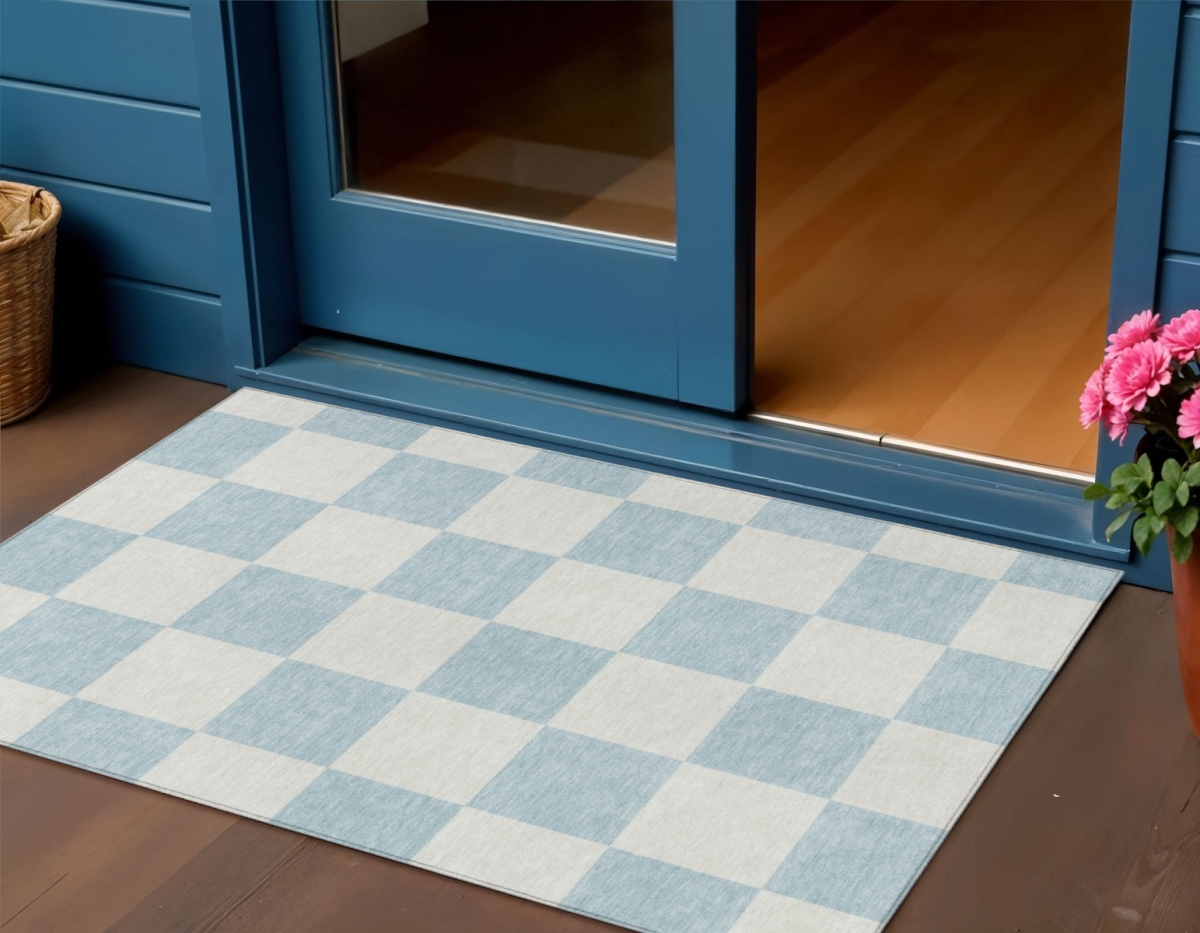 660751 3 x 5 ft. Sky Blue & Ivory Geometric Washable Transitional Indoor & Outdoor Rectangle Area Rug