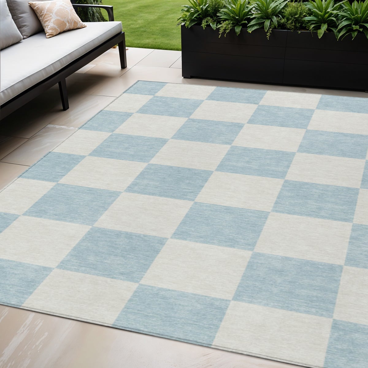 660752 5 x 8 ft. Sky Blue & Ivory Geometric Washable Transitional Indoor & Outdoor Rectangle Area Rug