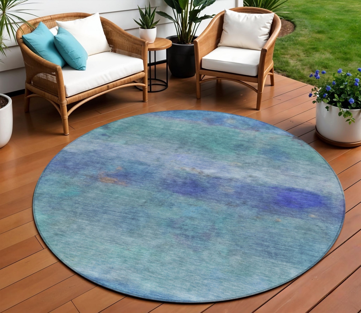 658761 8 ft. Blue & Ivory Abstract Washable Transitional Indoor & Outdoor Round Area Rug