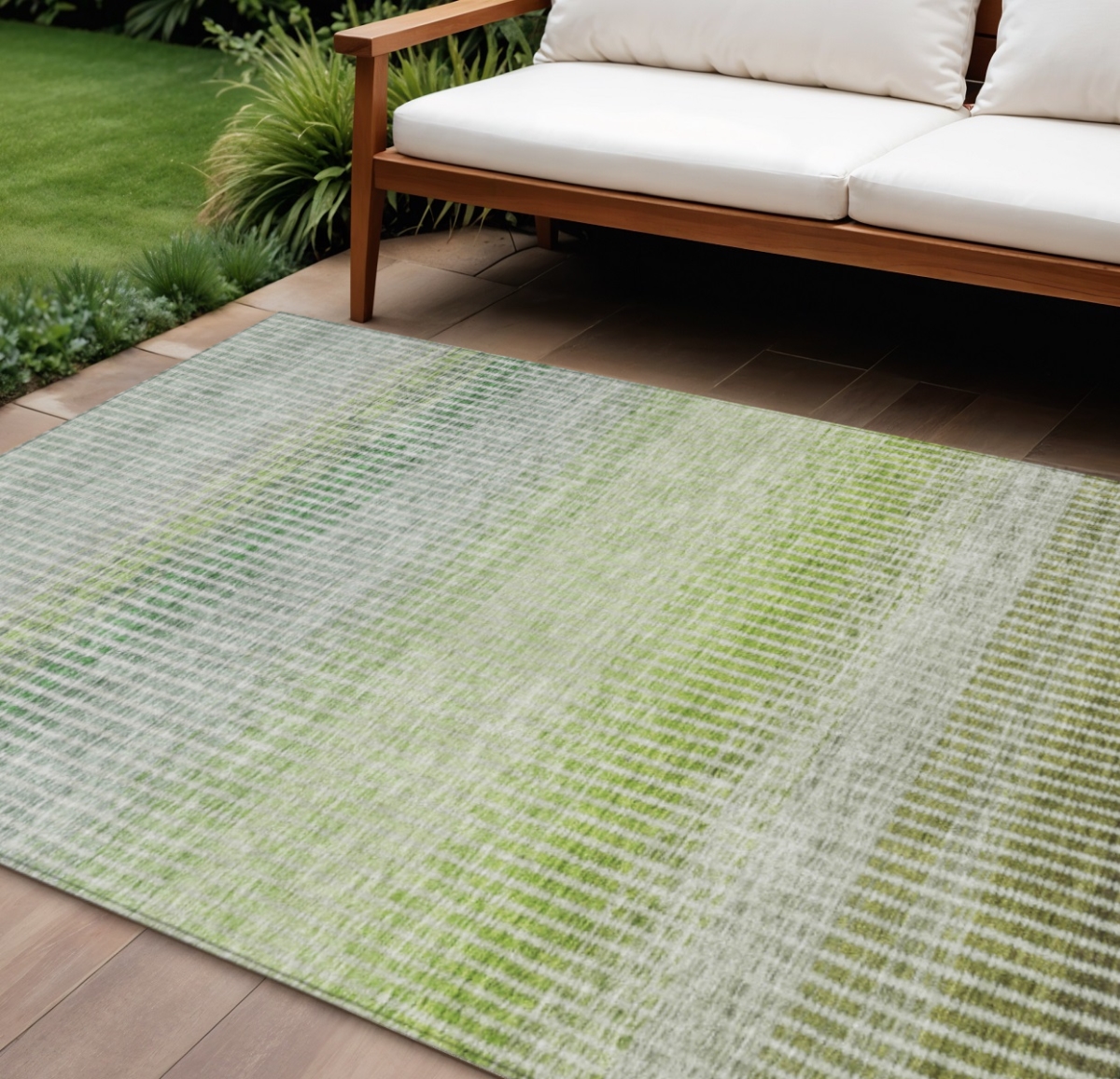 658872 10 x 14 ft. Olive Green & Gray Striped Washable Transitional Indoor & Outdoor Rectangle Area Rug