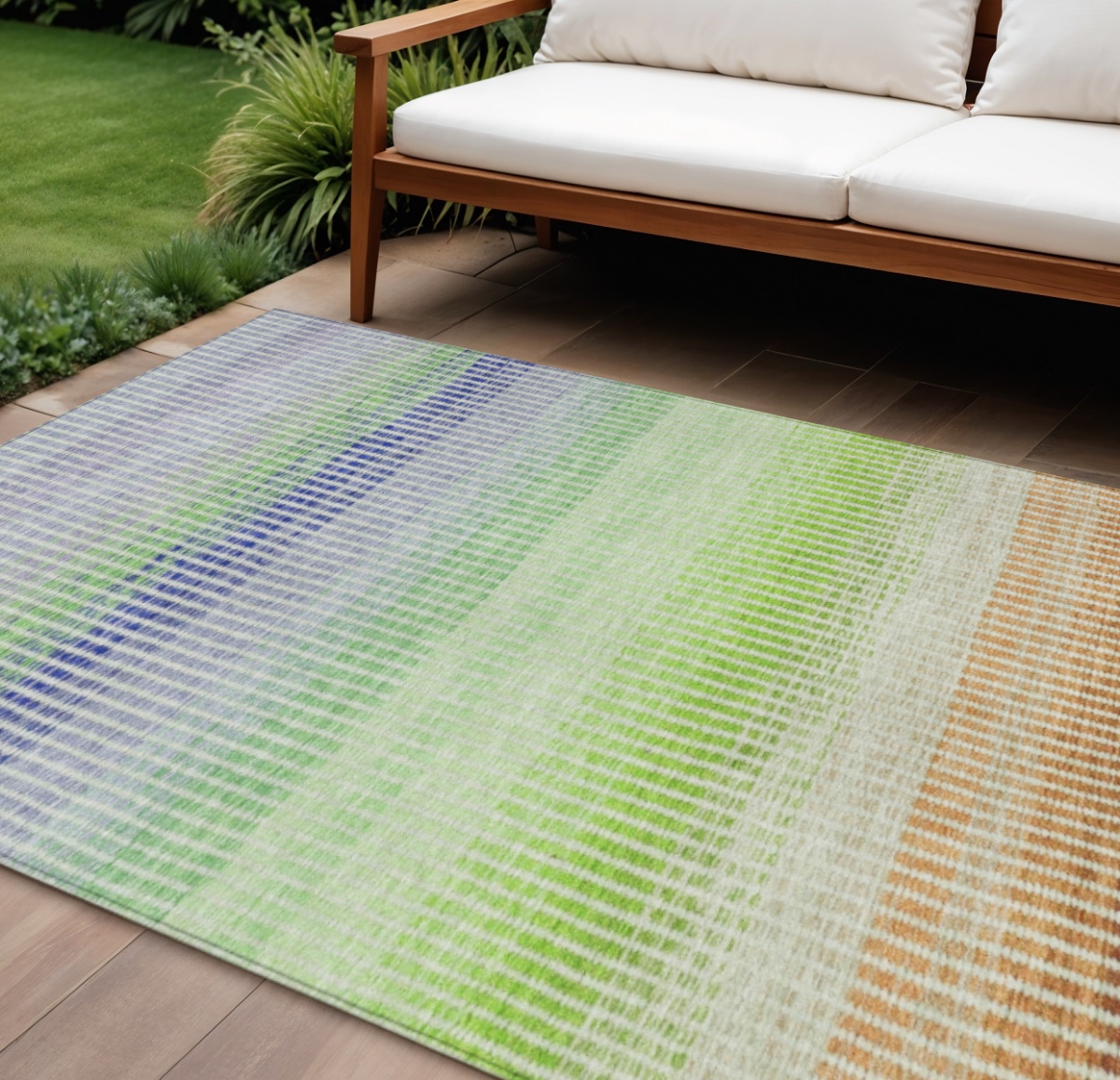 658877 9 x 12 ft. Orange Green & Blue Striped Washable Transitional Indoor & Outdoor Rectangle Area Rug