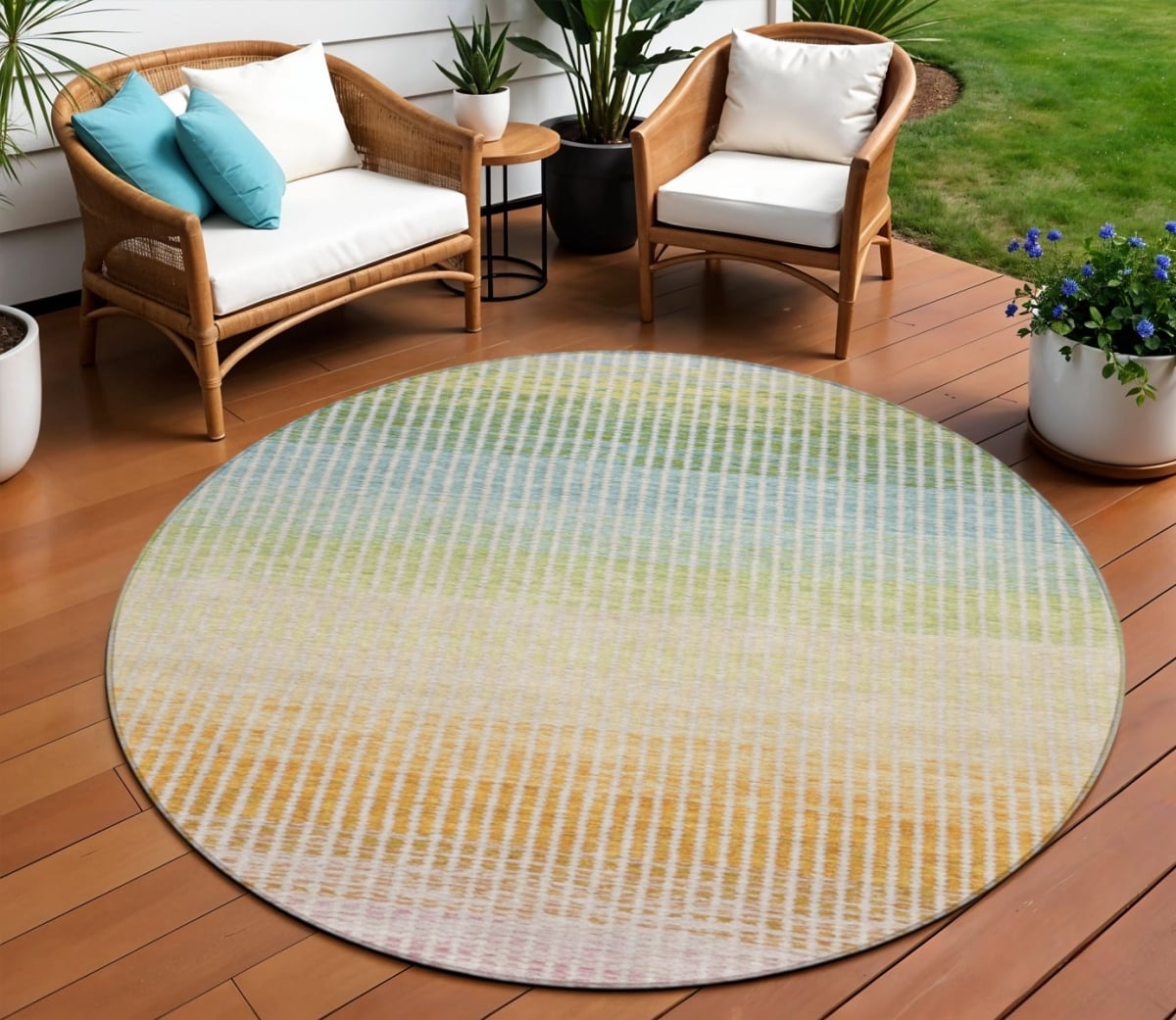 658893 8 ft. Salmon Blue & Peach Striped Washable Transitional Indoor & Outdoor Round Area Rug