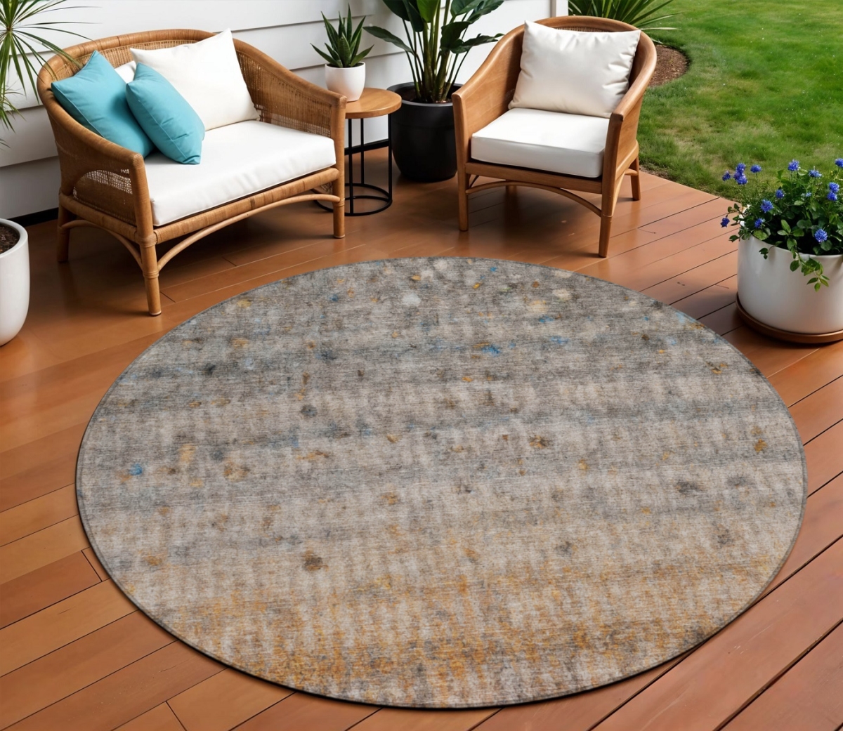 658965 8 ft. Gray & Copper Striped Washable Transitional Indoor & Outdoor Round Area Rug