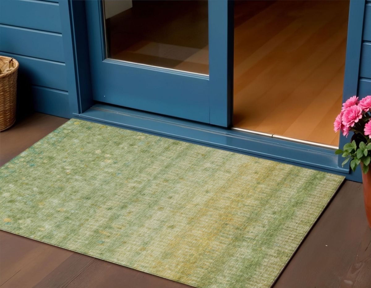 658975 3 x 5 ft. Sage & Gold Striped Washable Transitional Indoor & Outdoor Rectangle Area Rug
