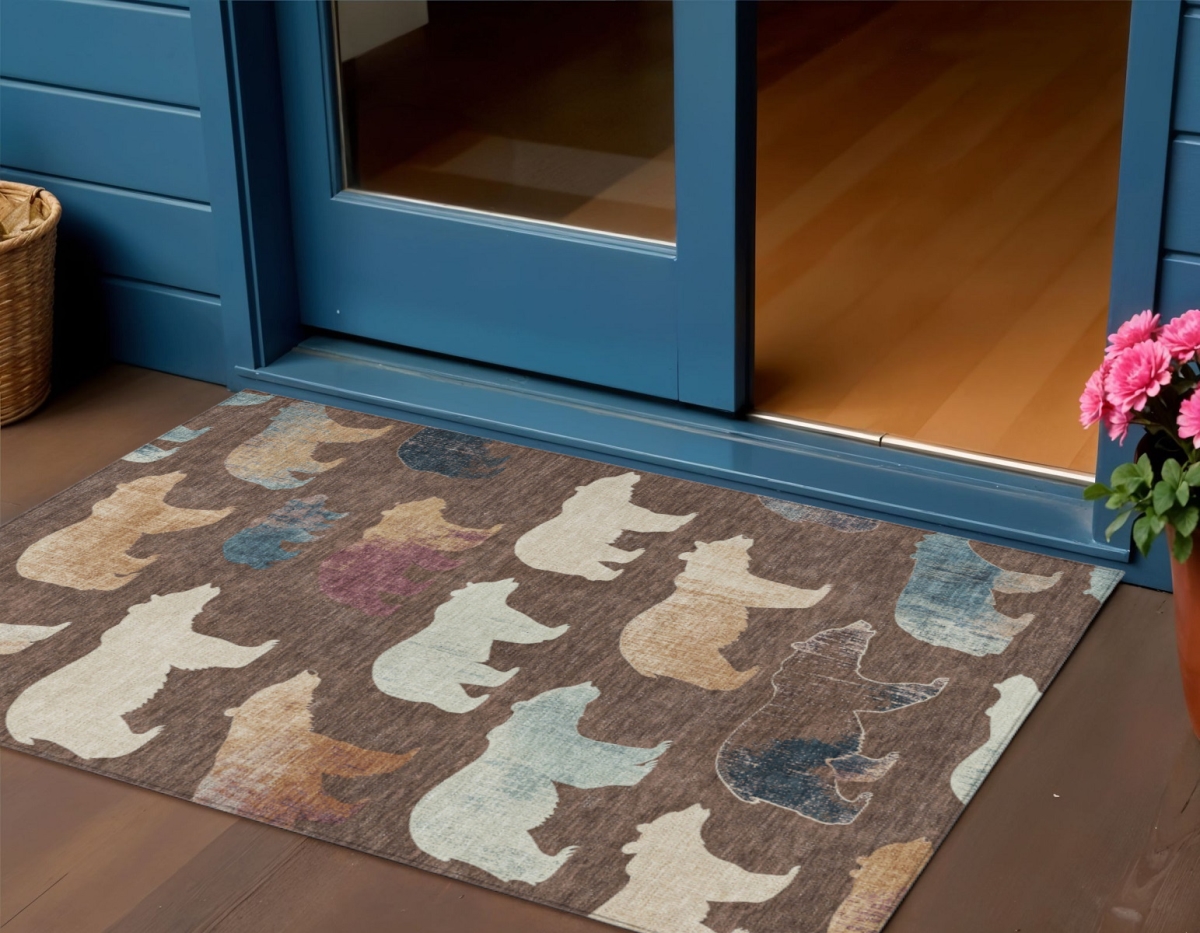 660343 3 x 5 ft. Chocolate Ivory & Blue Animal Print Washable Transitional Indoor & Outdoor Rectangle Area Rug