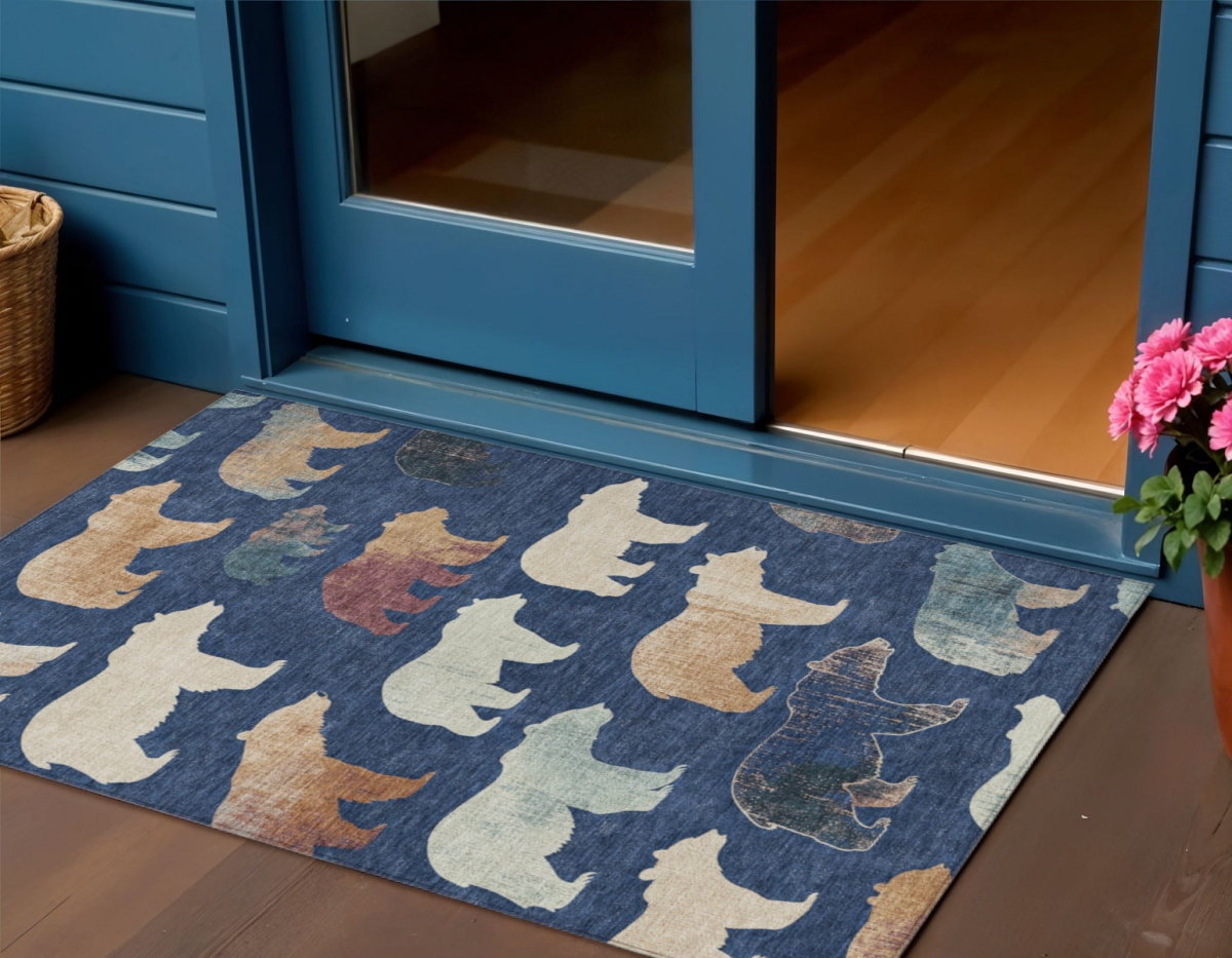 660367 3 x 5 ft. Navy Blue, Ivory & Beige Animal Print Washable Transitional Indoor & Outdoor Rectangle Area Rug
