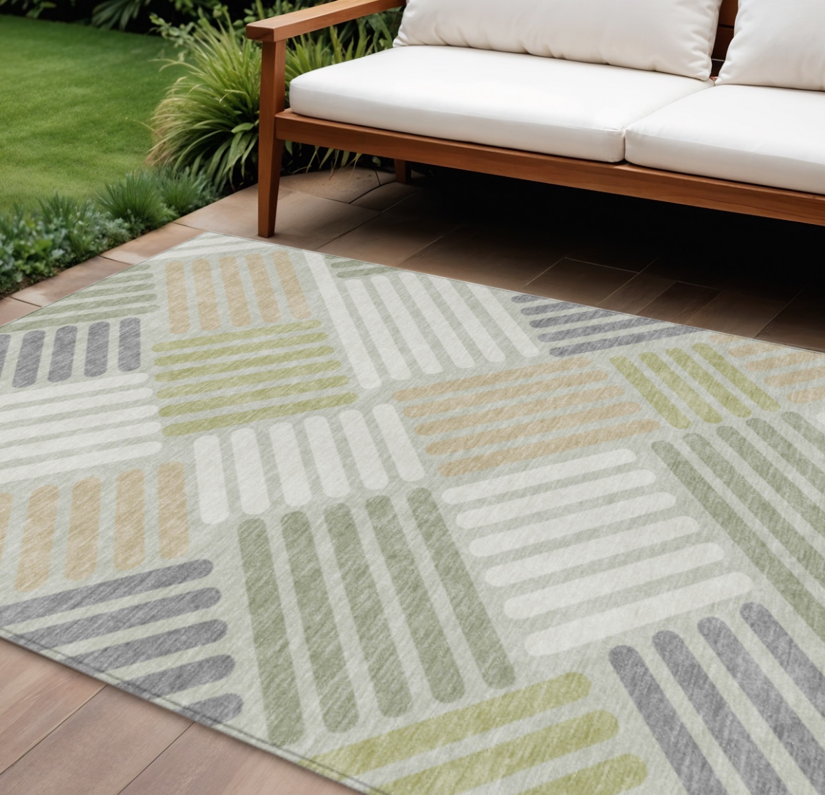 660384 10 x 14 ft. Artichoke Green, Ivory & Gray Geometric Washable Transitional Indoor & Outdoor Rectangle Area Rug