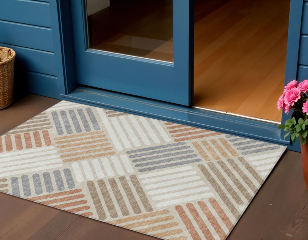660391 3 x 5 ft. Copper, Ivory & Rust Geometric Washable Transitional Indoor & Outdoor Rectangle Area Rug