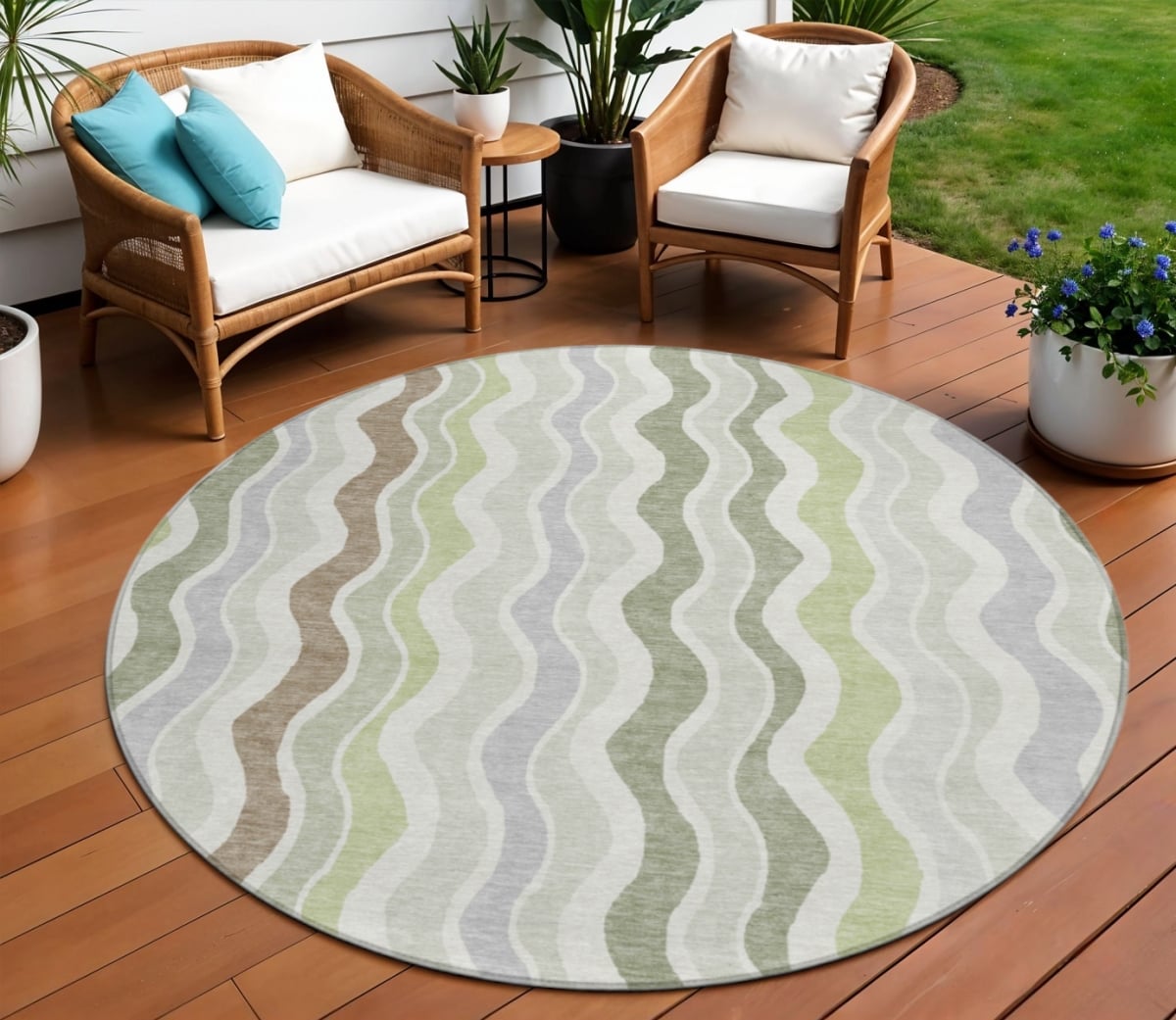660519 8 ft. Artichoke Green, Ivory & Brown Striped Washable Transitional Indoor & Outdoor Round Area Rug