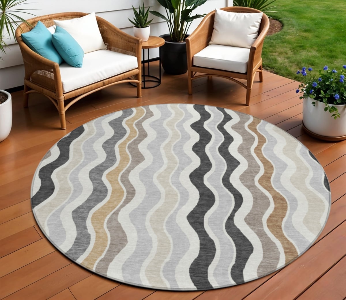660537 8 ft. Charcoal Ivory & Gray Striped Washable Transitional Indoor & Outdoor Round Area Rug