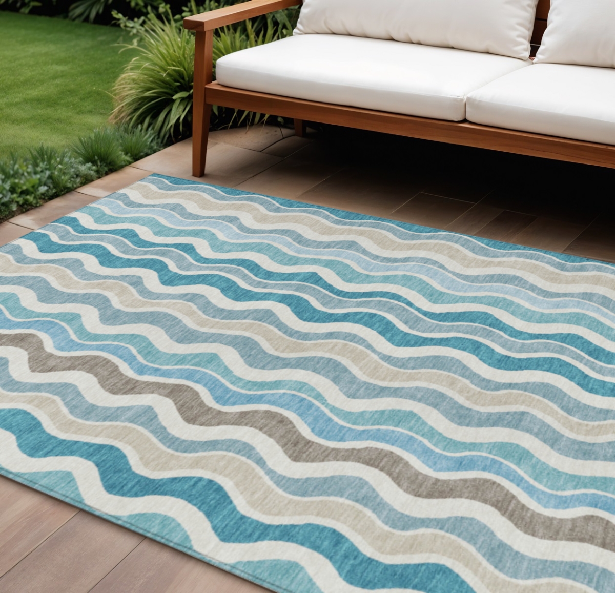 660556 8 x 10 ft. Teal Blue, Ivory & Beige Striped Washable Transitional Indoor & Outdoor Rectangle Area Rug