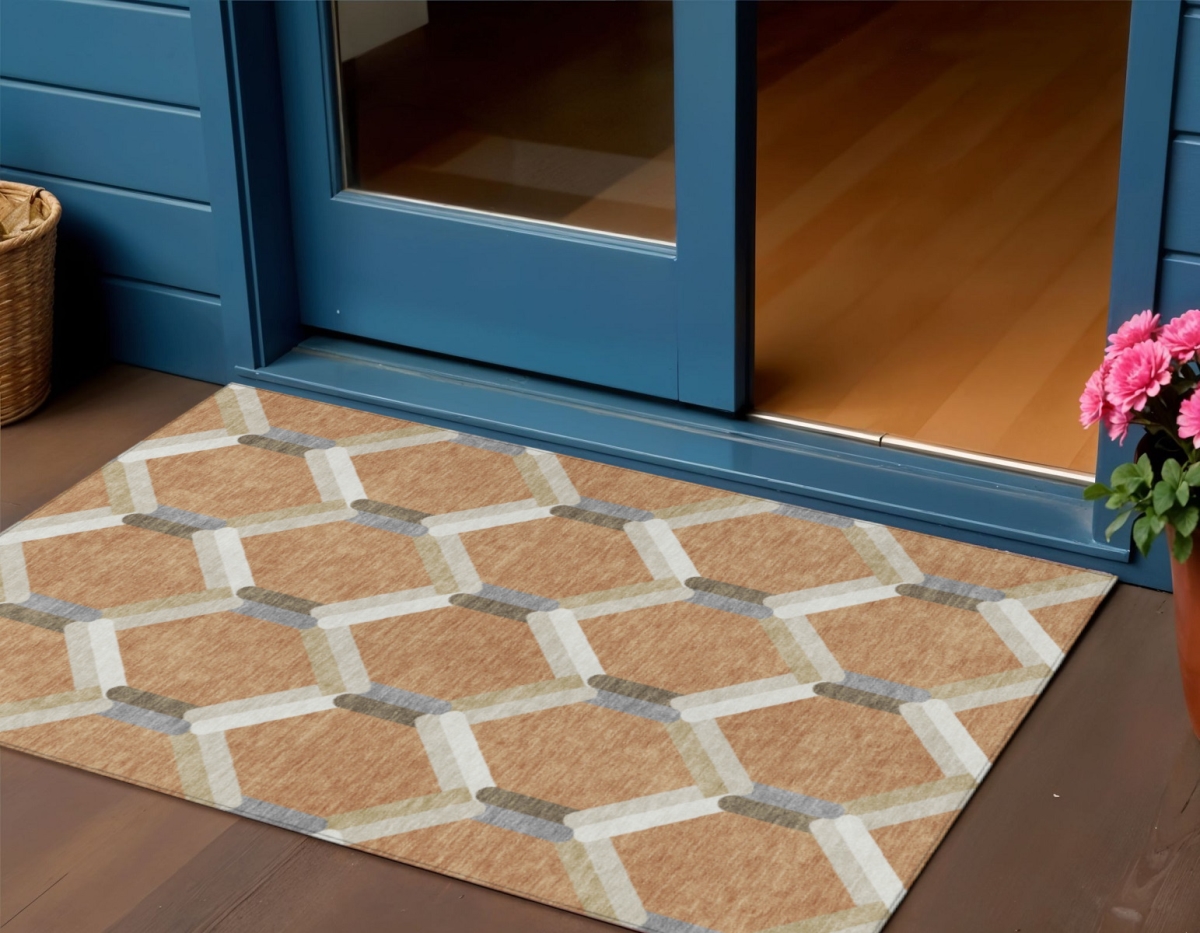 660577 3 x 5 ft. Copper, Ivory & Gray Geometric Washable Transitional Indoor & Outdoor Rectangle Area Rug