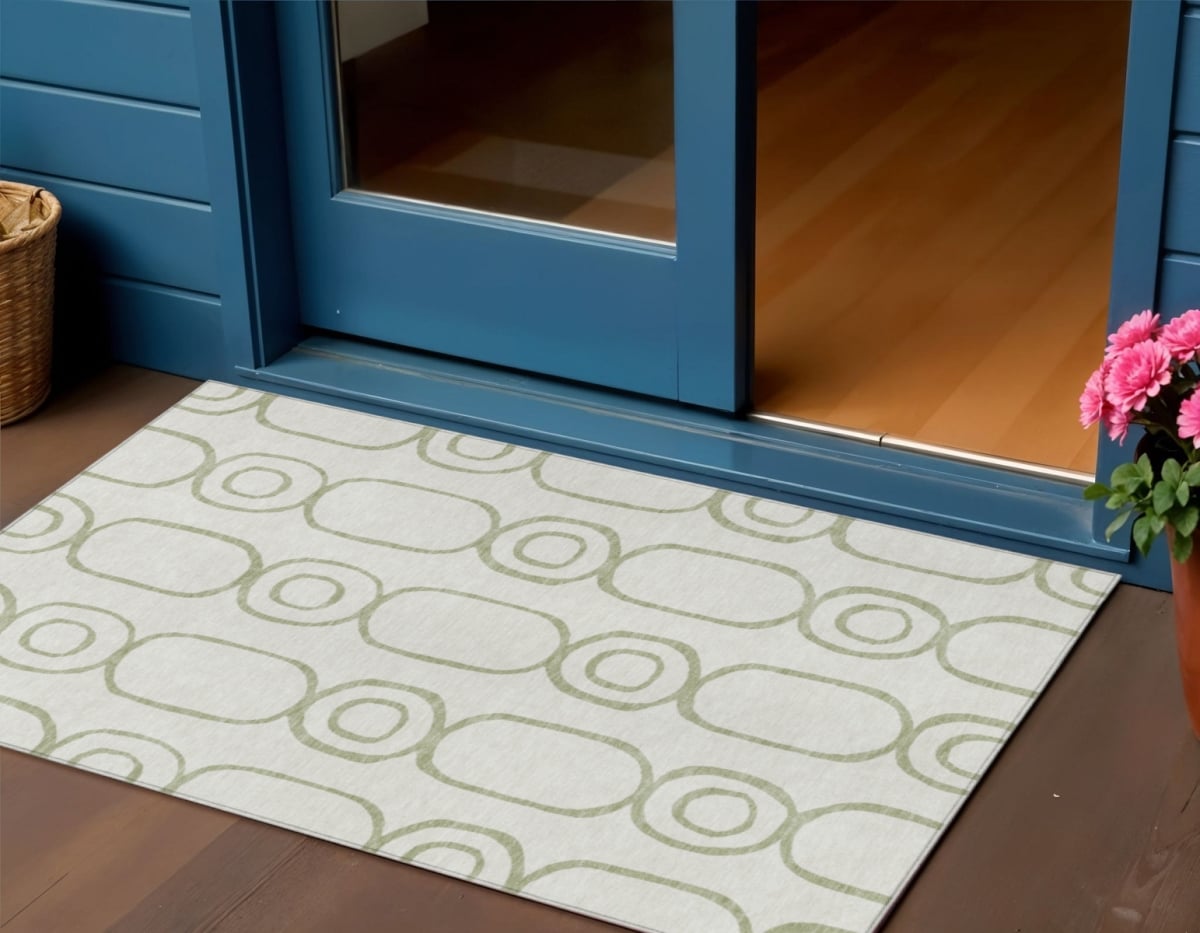 660595 3 x 5 ft. Artichoke Green & Ivory Geometric Washable Transitional Indoor & Outdoor Rectangle Area Rug
