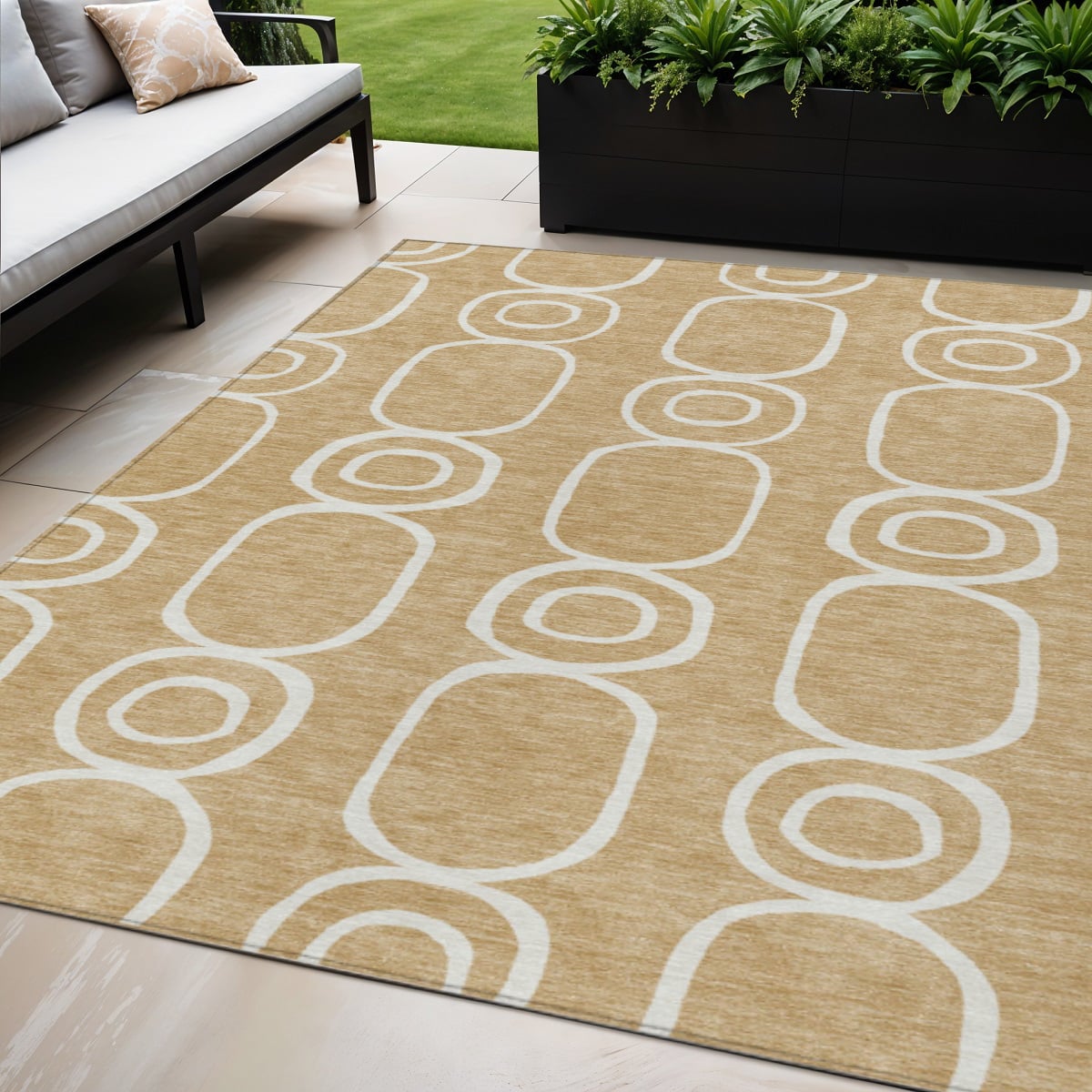660614 5 x 8 ft. Gold & Ivory Geometric Washable Transitional Indoor & Outdoor Rectangle Area Rug