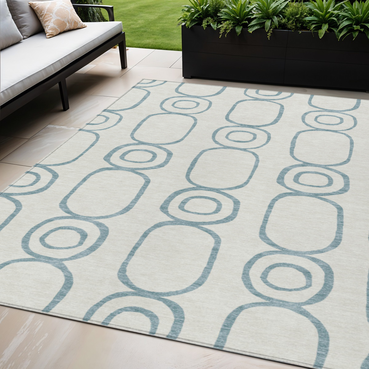 660644 5 x 8 ft. Teal, Blue & Ivory Geometric Washable Transitional Indoor & Outdoor Rectangle Area Rug