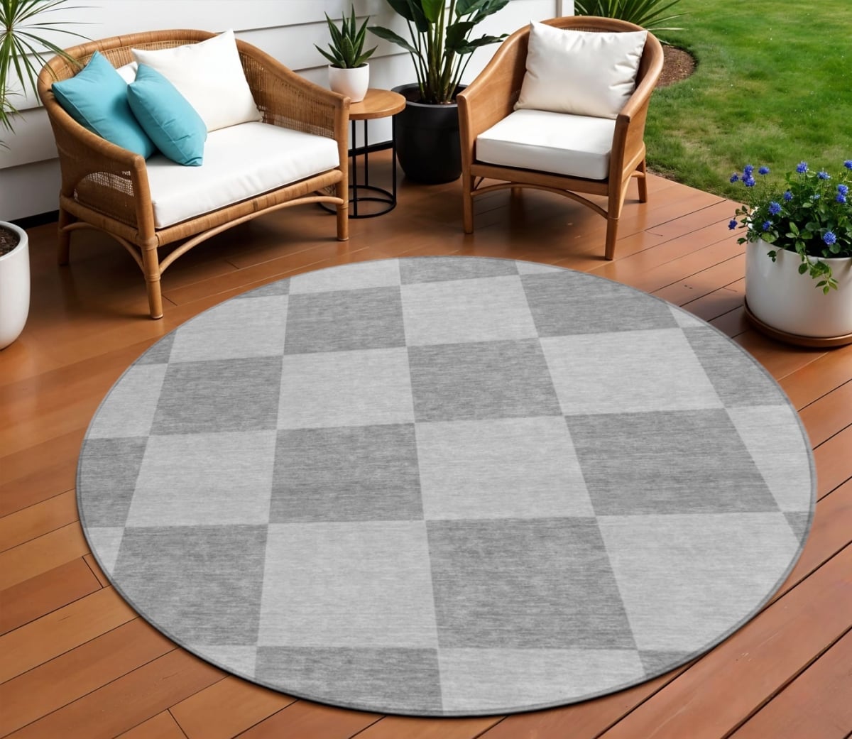 660693 8 ft. Gray & Pewter Geometric Washable Transitional Indoor & Outdoor Round Area Rug