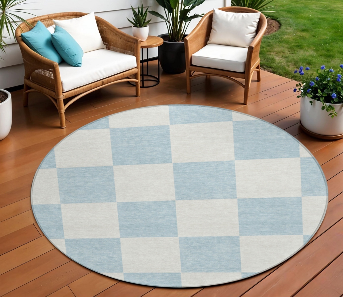 660753 8 ft. Sky Blue & Ivory Geometric Washable Transitional Indoor & Outdoor Round Area Rug