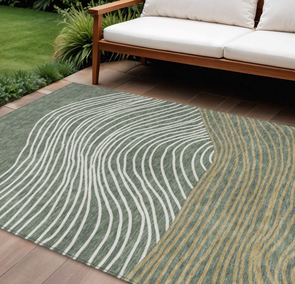 660936 10 x 14 ft. Fern Green, Ivory & Gold Striped Washable Transitional Indoor & Outdoor Rectangle Area Rug